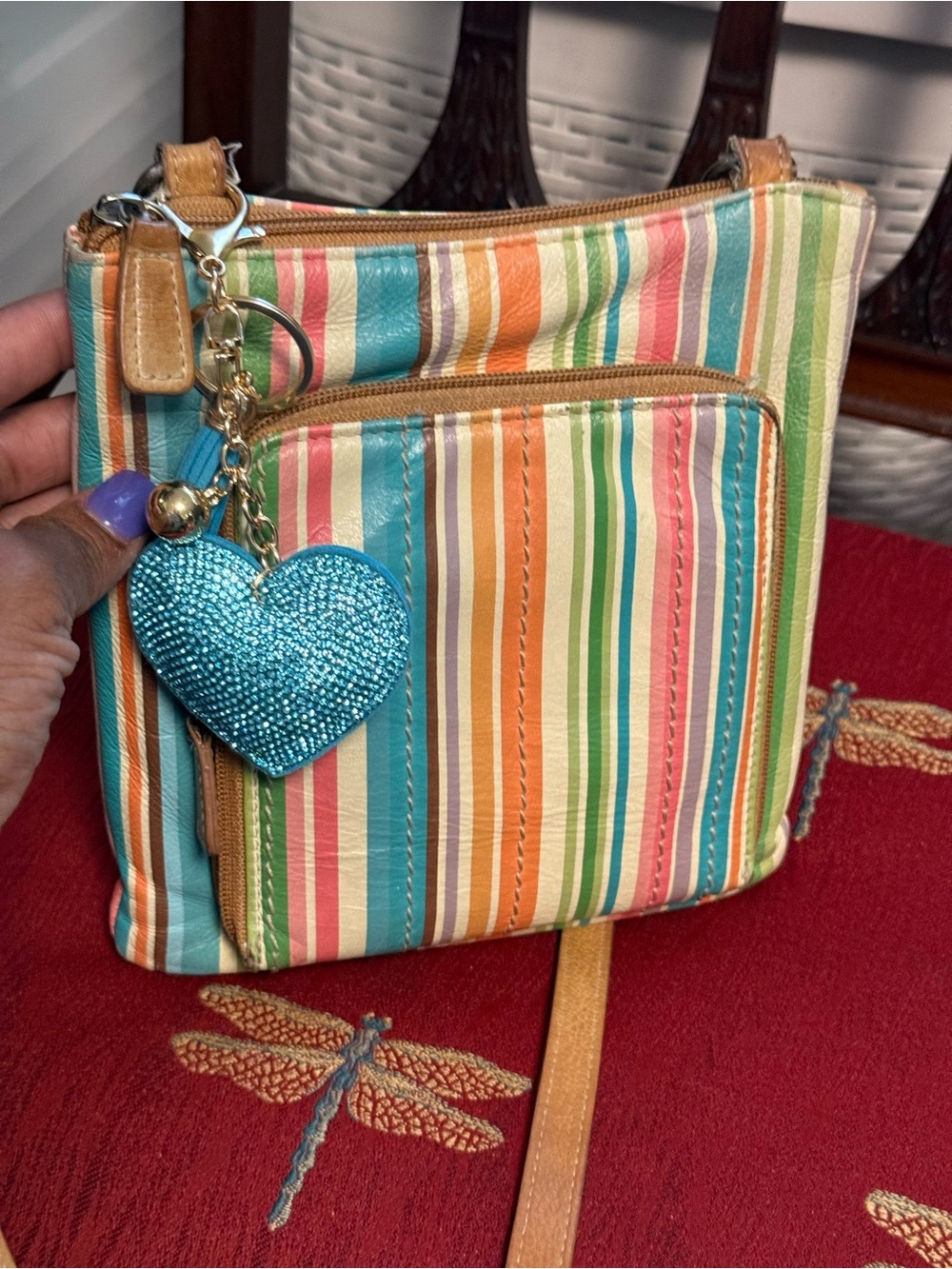 Fossil Rainbow Stripe Crossbody Bag | Multicolor Faux Leather | Front Zip Pocket
